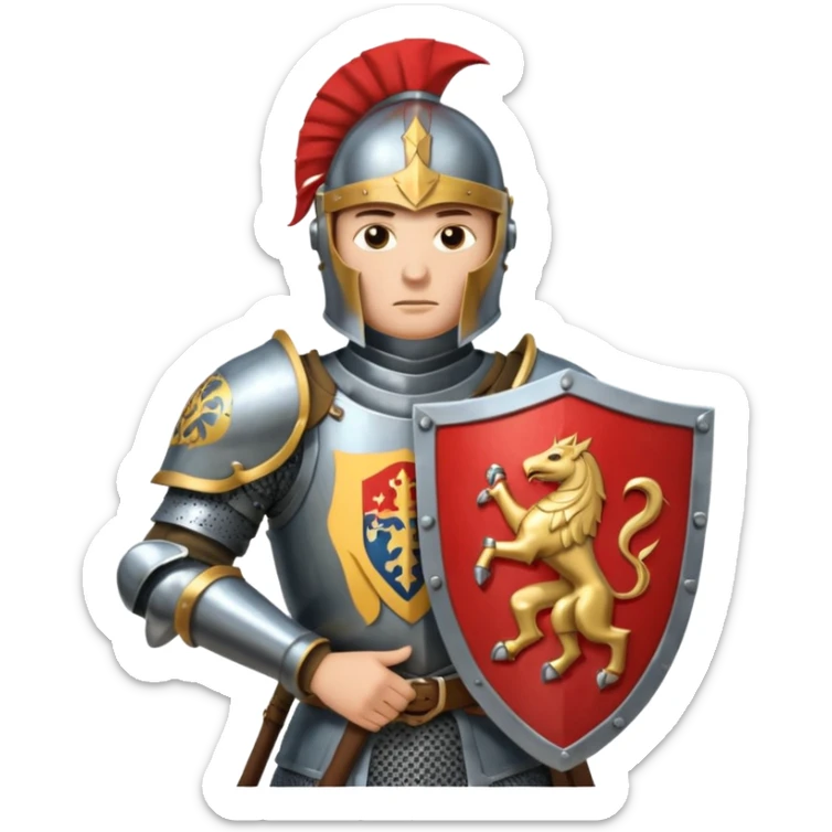 An emoji portrait of a medieval knight. He wears a suit of armor with a stylized helmet. His expression is serious and determined, and he holds a shield with a family crest. sticker