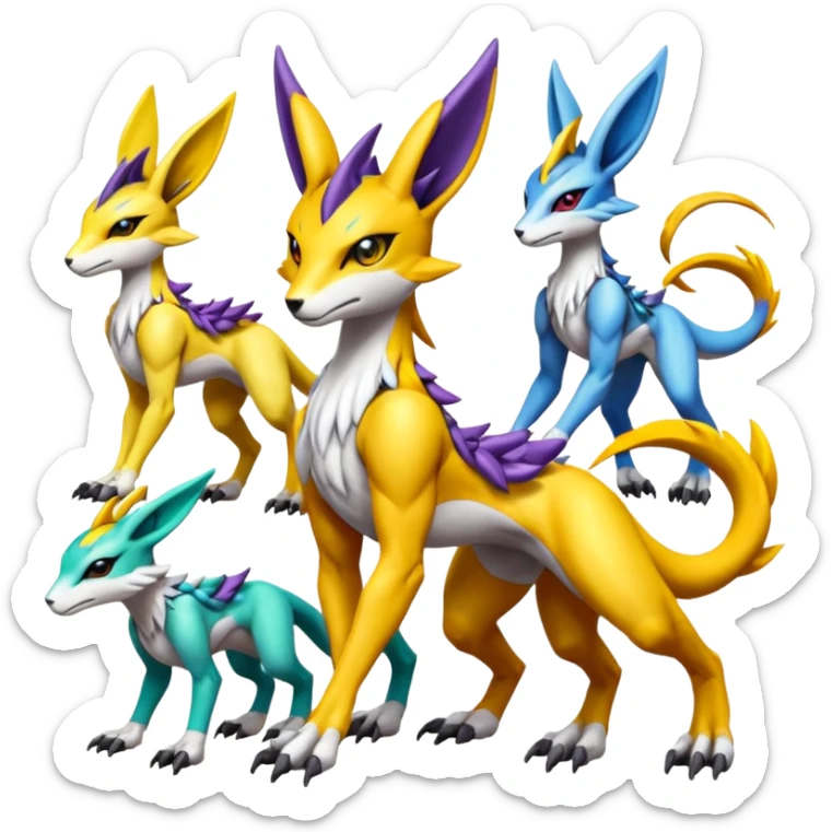 Colorful Meloetta-Bolthund-Renamon-Wargreymon-Sergal-Pokémon-Digimon-Fakémon-fusion-hybrid-creature sticker