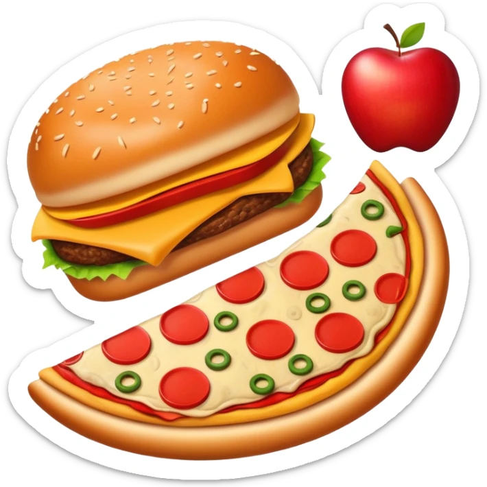 A fun fusion food emoji where a burger, pizza slice, french fries, and an apple are combined into one wacky fast food item sticker