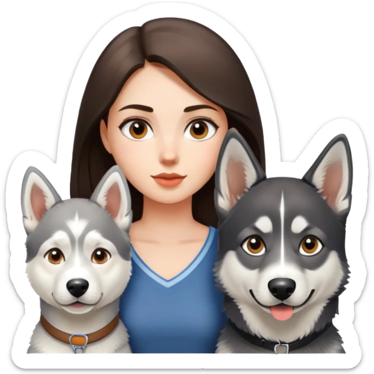 A brunette girl accompanied by her white and gray husky and her German shepherd  sticker