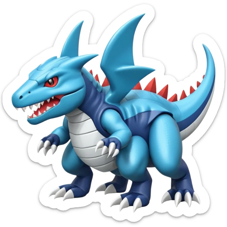Futuristic soft smooth glossy metallic white and cyan Tyrunt-Aggron-Feraligatr-Garchomp-fusion sticker