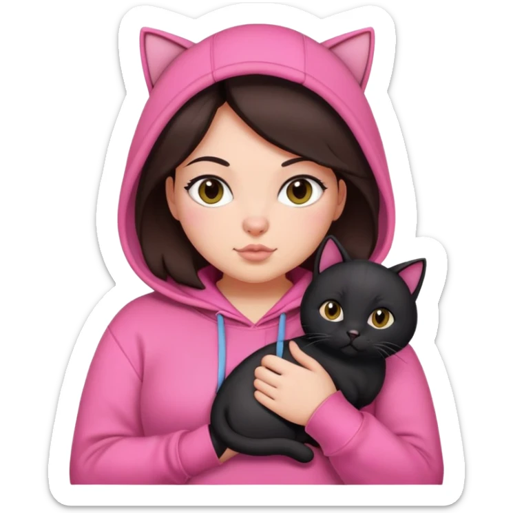 curvy girl with dark brown hair in pink hoodie with black cat on her hand sticker