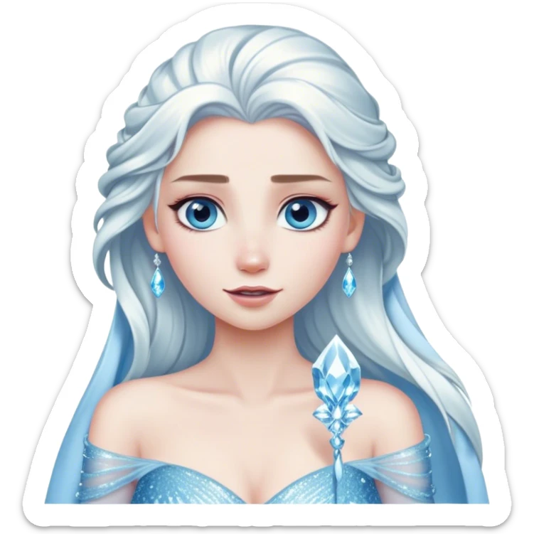 Cinematic Elegant Snow Queen Portrait Emoji, rendered in a realistic, vector-style with minimal shading and bold, simplified shapes. Depict Elsa (chest and above) with icy pale skin, long flowing platinum hair, and piercing blue eyes that exude quiet power, dressed in a shimmering ice-blue gown. The image glows with a soft, frosty radiance and high shine, capturing her ethereal, regal beauty. sticker