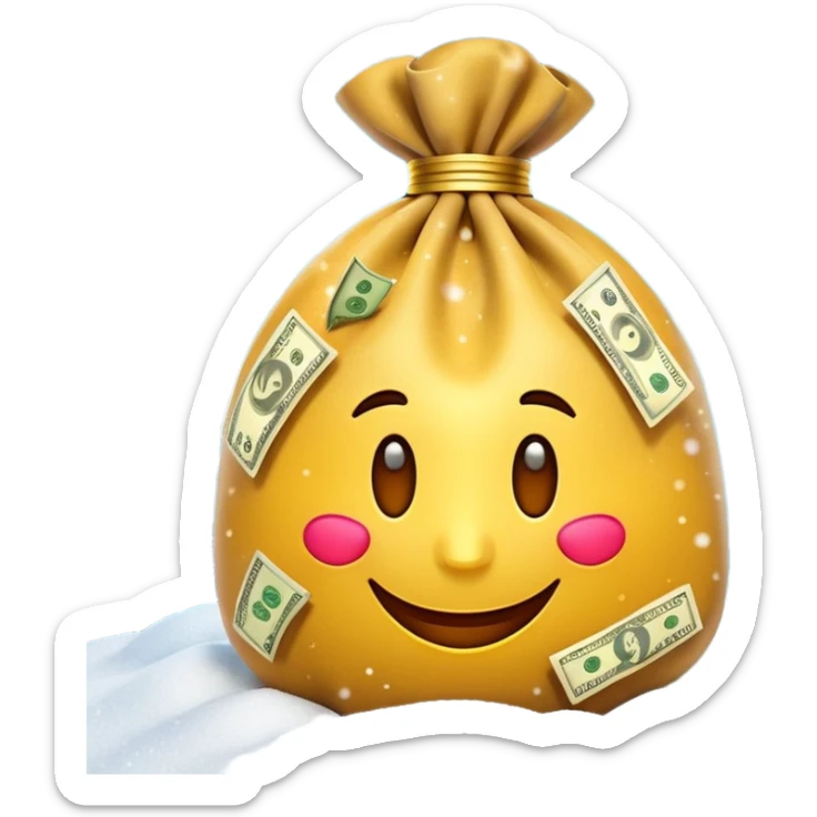 3D emoji style, money bag with dollar bills, New Year theme, snow particles, festive lighting, rich vibe, high detail, transparent background

 sticker