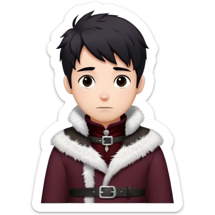 Medieval winter outfit worn by a DnD themed fantasy male character. Heavy maroon wool tunic with rabbit fur trim, featuring a high collar with silver clasps, belted with a sturdy leather strap. Clothes only above the waist, full waist coverage. The character has no arms. Character is white-skinned with raven black hair, deep brown eyes, and short messy hair dusted with snowflakes. sticker