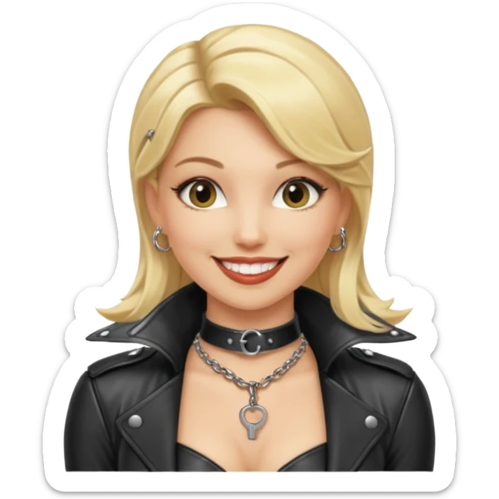 Dominatrix with blonde hair, leather outfit, and key necklace sticker