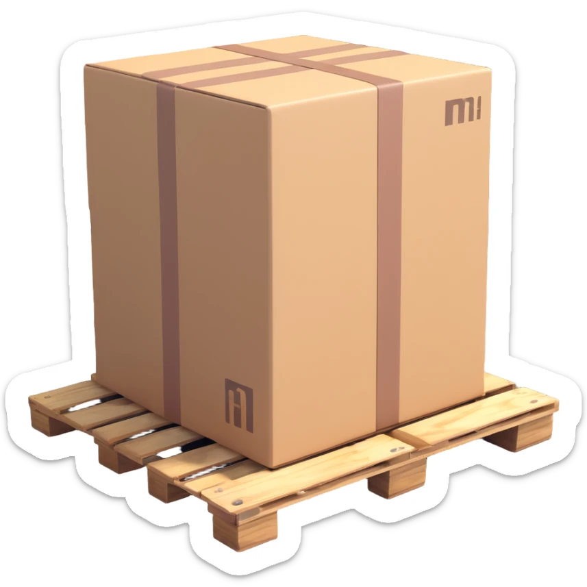 3D style of a location marker next to a pallet or box, realistic shading and depth sticker