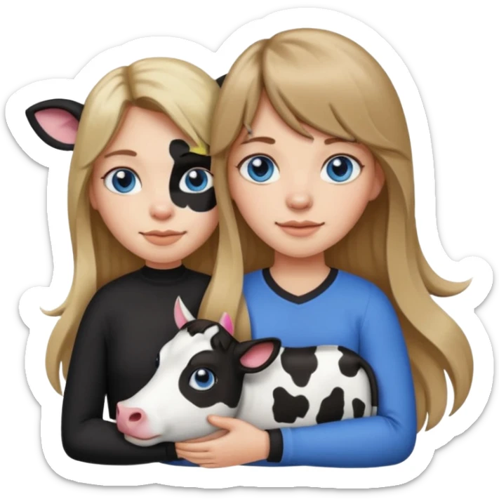 Apple-style emoji sticker of a young woman with long dark blond hair and bang, blue eyes , holding a cat black and white like a cow patch on her chest.  sticker