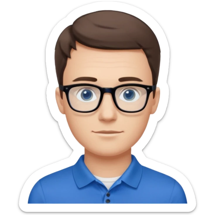 Scott The Woz Young white man, late 20s, short brown hair, blue eyes, clean-shaven, thin black rectangular glasses, slim build, wearing a blue polo shirt, friendly and energetic look. sticker