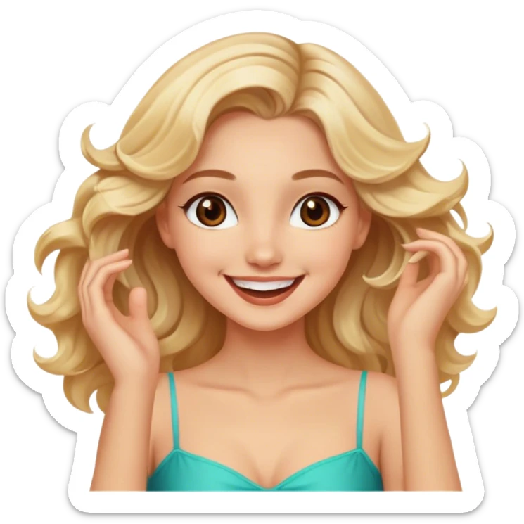 Pretty blonde model, brown eyes, soft wavy hair, super excited and happy dance sticker