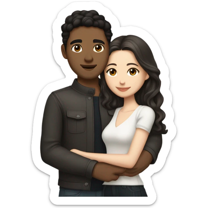 A pale half Asian man with short dark hair and amber eyes embracing and loving a white woman with long wavy brunette hair and dark hazel eyes. They love each other a lot And have good fashion taste and are hugging each other tight  sticker