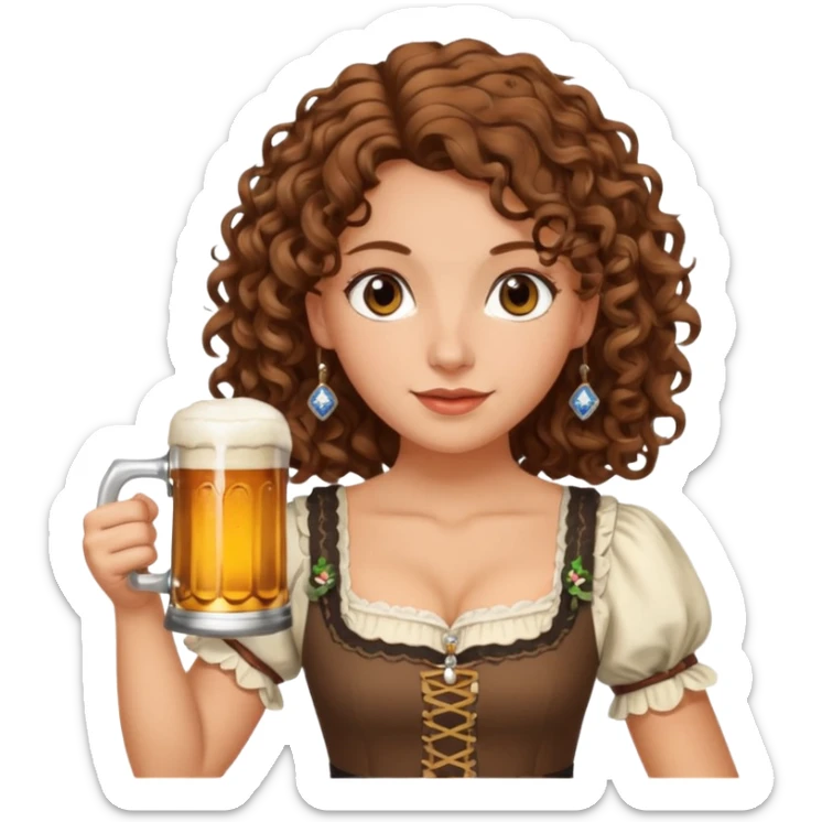 A white woman with brown, shoulder-length curly hair and brown eyes she is wearing a dirndl and holding a beer stein sticker