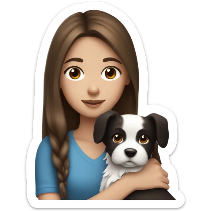 long brown hair girl with blue eyes cuddling a cute black and white dog sticker