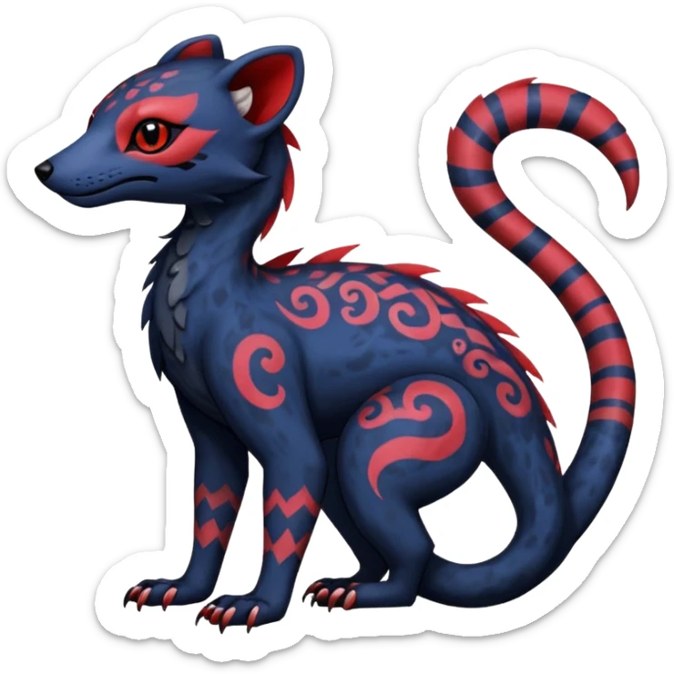 Rare warm-colored exotic gloomy tropical edgy cute epic aesthetic spooky indigo violet white black red gothic colorful Salandit-Salazzle-Civet-species-Fakemon-hybrid-creature, with tribal tattoo markings, full body sticker