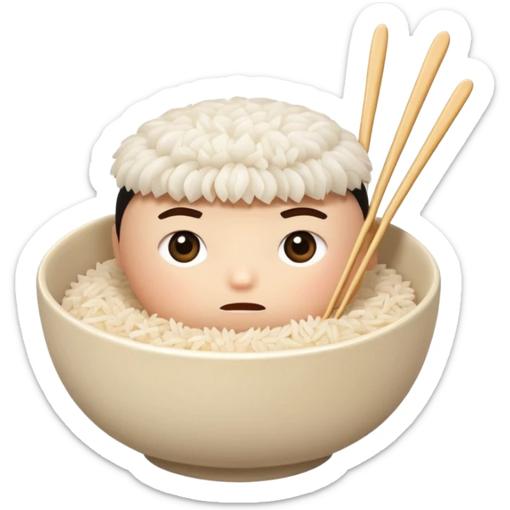 A bowl of rice with a extermerly worried, caring face — like it’s gently asking, ‘Did you eat?’ Holding spoon and chopsticks, ready to take care of you. sticker