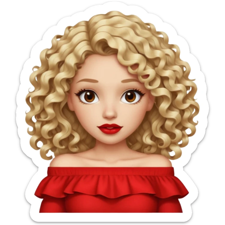 exaggerated features of woman with curly long blond hair, brown eyes, wearing an off-shoulder top,  sticker