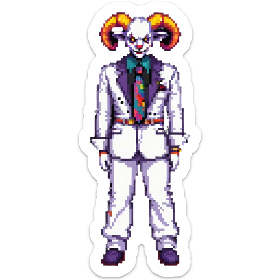 full-body demonic clown in a white leisure suit with bellbottom pants, bald, black ram horns, elevator shoes, flashy belt, ruffled shirt, colorful tie sticker