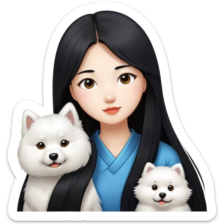 a Chinese girl with long black  straight hair and a samoyed sticker
