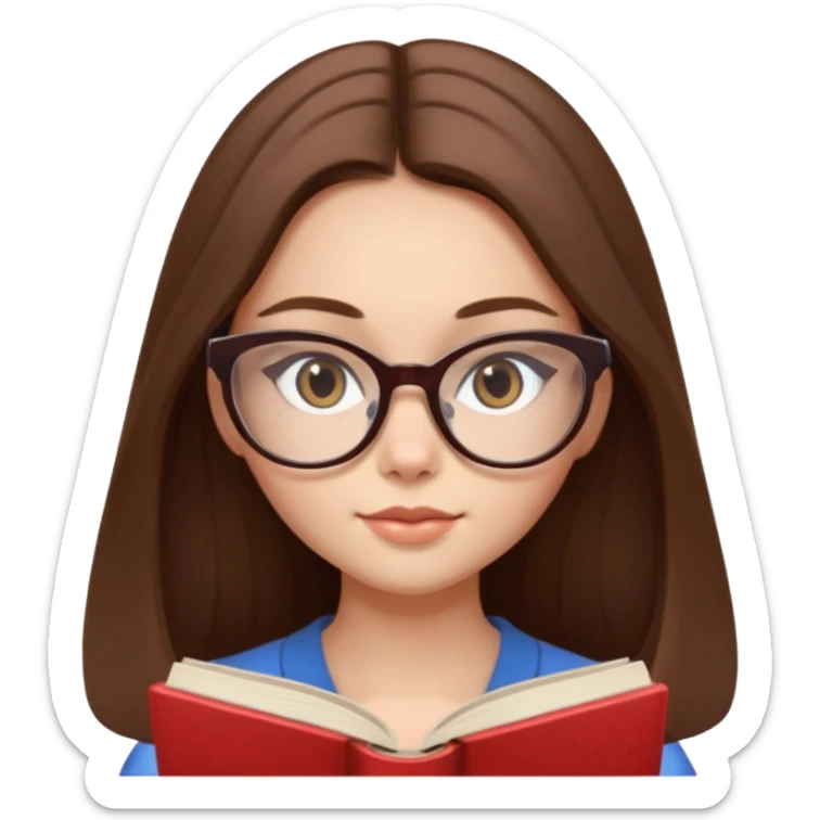clean beautiful girl long brown hair, wear glasses cat eye, reading a book sticker