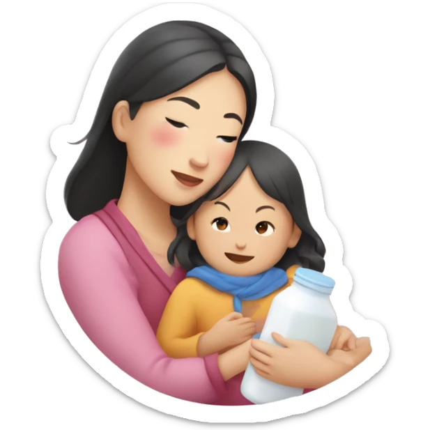 An Asian woman with white skin holds an Asian child in her arms, in her other hand a small bottle of milk, above this woman the word "ANA" is in a semicircle like a rainbow, but pink sticker