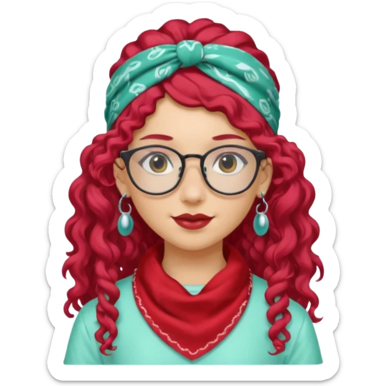 girl with long curly peppermint hair and single-color bandana and glassess and earring sticker