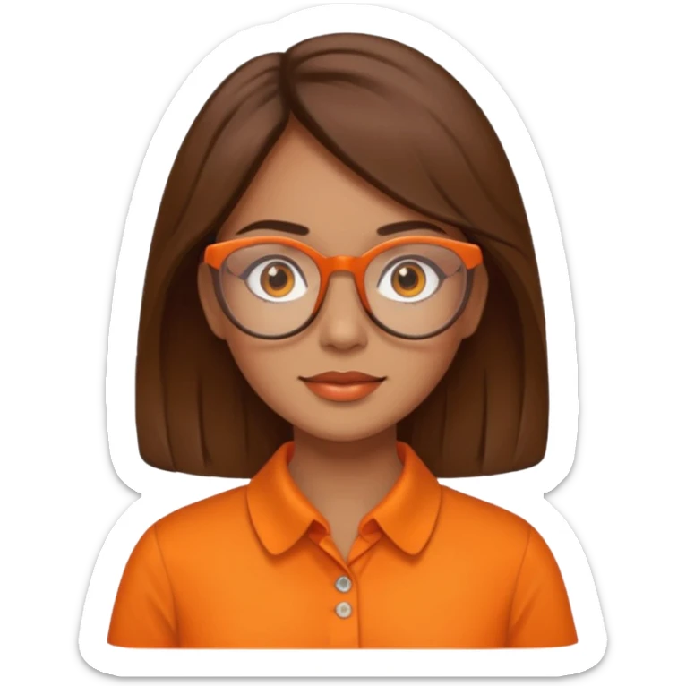 hispanic woman with  brown hair,  orange sectacles and orange blouse  with a collar sticker