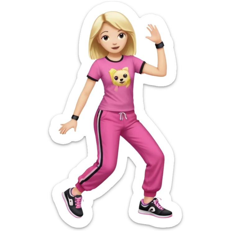 Hiphop dancer, with cute big pants, sneakers, and t-shirt. White girl blond. Coloufull shirt. No pocket pants. Dancing. Pink and black plain outfit. No sweatbands on the wrist, black music box behind her. sticker