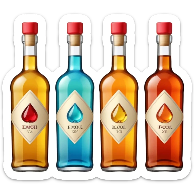 Four bottles of alcohol, each with distinct shapes and labels, arranged neatly in a row. The bottles should vary in color and size, with detailed labels and caps. sticker