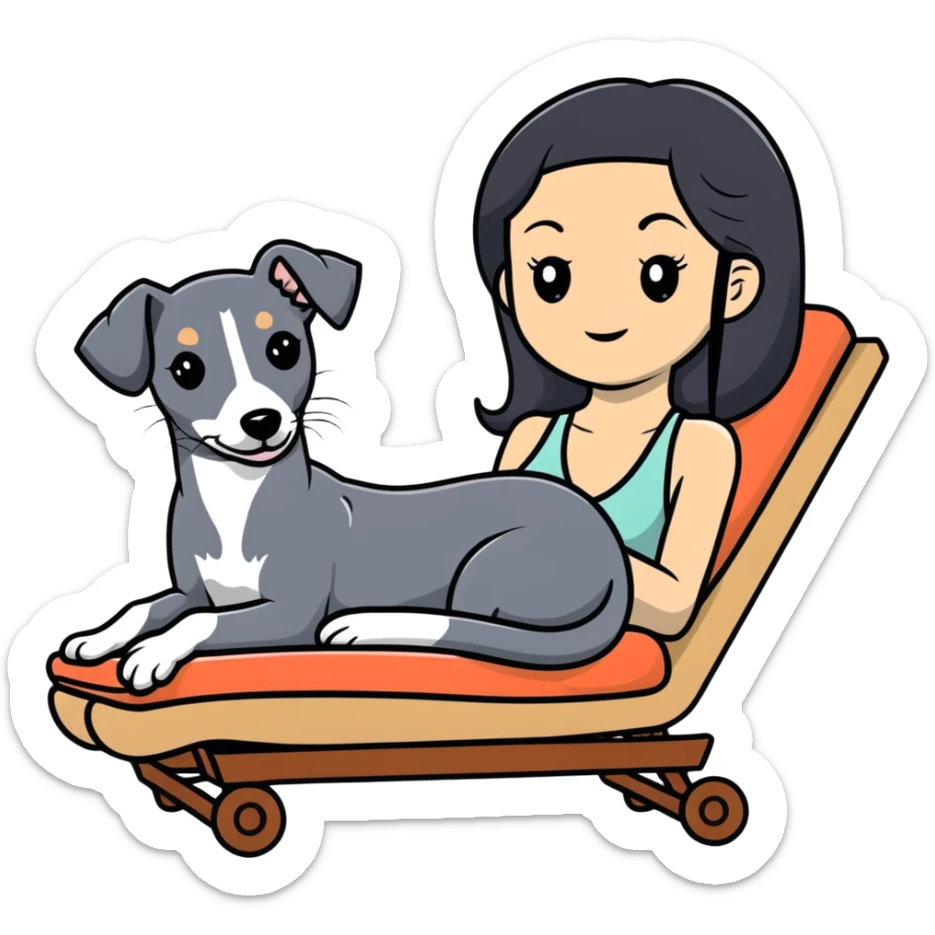 Very thin Chinese woman with long black hair relaxing on a spa lounger with exactly ONE Italian greyhound. CRITICAL REQUIREMENT: the dog must be ONE SOLID VERY DARK CHARCOAL GREY (almost black-grey) COLOR from nose to tail with NO WHITE or LIGHT AREAS anywhere - NO white face, NO white muzzle, NO white chest, NO white paws, NO white tail tip - NOTHING BUT A SINGLE SHADE OF VERY DARK GREY throughout the entire animal sticker