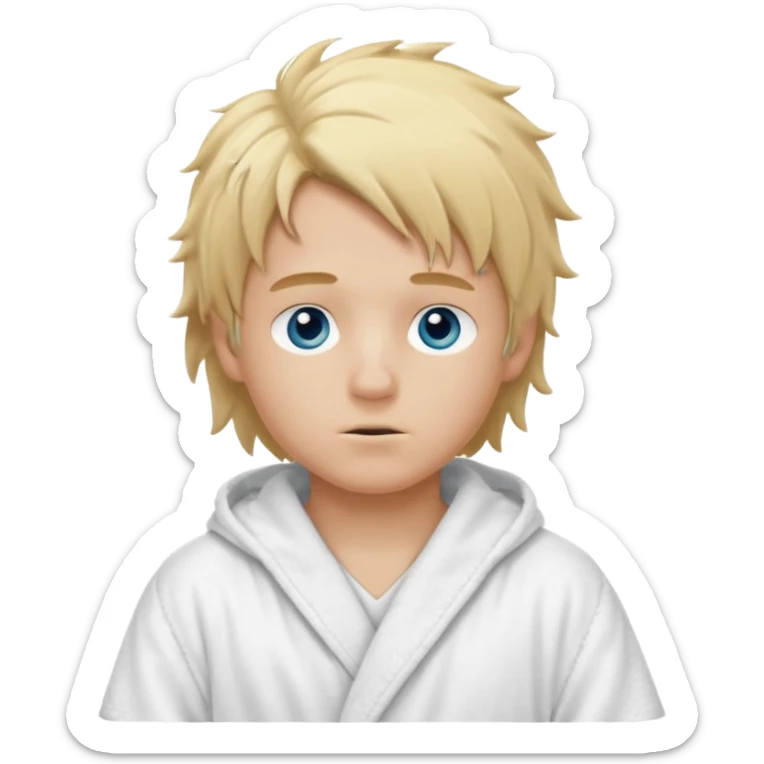 Create a blond boy with long, messy hair, light eyes, a white t-shirt, long hair, blue eyes, medium length, voluminous, wearing a white Nike bathrobe and a little blush near his nose. He also wears a balaclava, the kind a gangster balaclava wears, covering his entire face, and make him cute. sticker