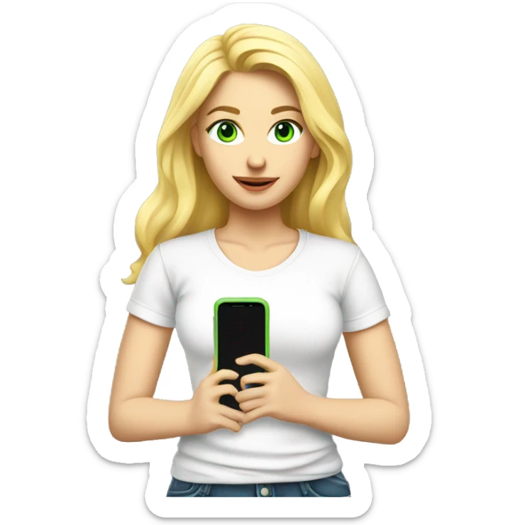 blonde woman, fair skin, green eyes, cell phone in hand, full body, t-shirt white sticker