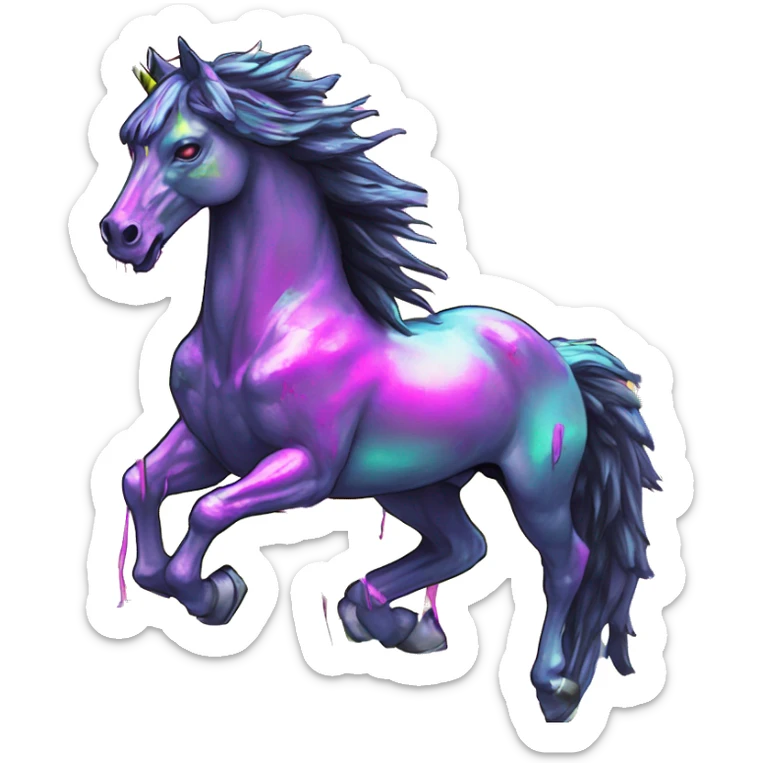 .Zombie_ Vaporwave black holographic oilslick zombie unicorn yellow caution tape graffiti Pegasus sticker