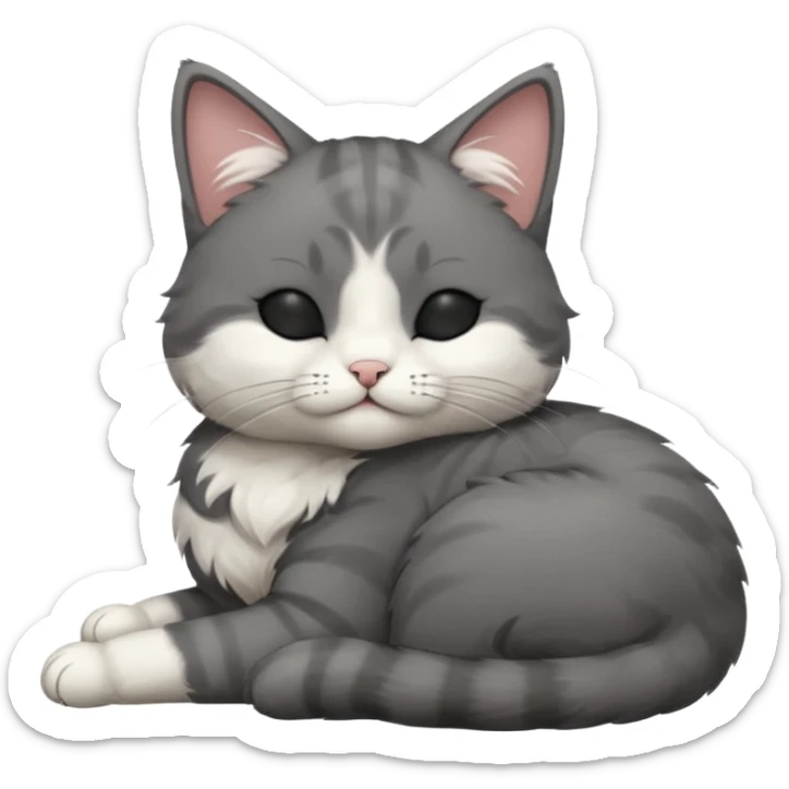 dark grey and white small cat with closed eyes, leaning his head on his paw while leaning on his elbow lying down sticker