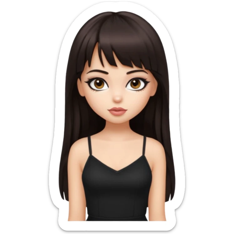 generate a pretty bratz girl in black cami top, dark brown straight long hair with bangs, eyeliner on. dark brown eyes sticker