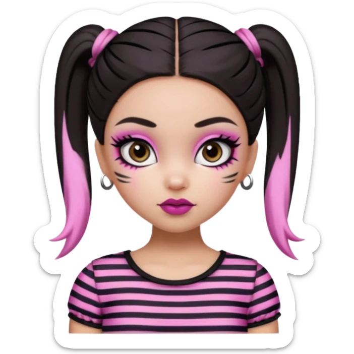 generate a pretty fair bratz girl with dark brown eyes. Dark brown hair straight hair with pink highlights tied into buns.  eyeliner. black lipstick. Black and white striped top.  sticker