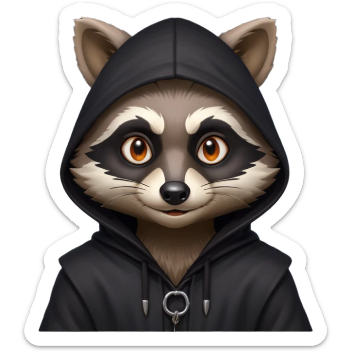gothic thief raccoon portrait, head and shoulders only, dark hood, glowing eyes, mysterious sneaky grin, 3D cartoon, mobile game icon style, clean background, no text, no watermark
 sticker