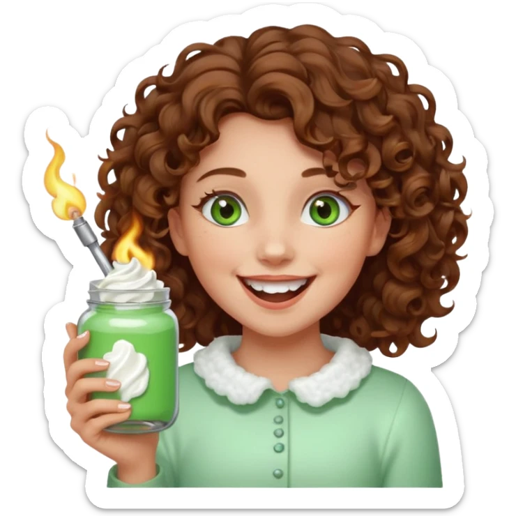 Girl with curly hair and green eyes holding a jar of icing and a lighter and laughing so hard sticker