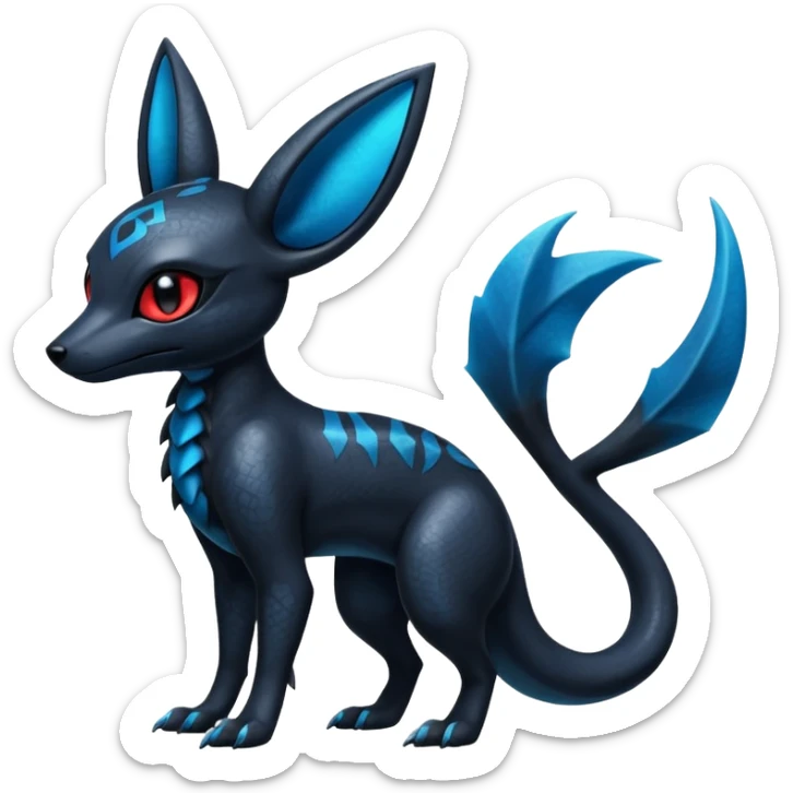 Shiny Dark Edgy Black And Blue Umbreon-Salandit-Wolf-Fakémon-hybrid-creature (full body)  sticker