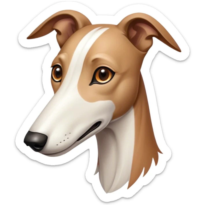 Cinematic Noble White and Brown Greyhound Portrait Emoji, Poised and regal, with a slender, aerodynamic build and a sleek Fur of pristine white accented by warm brown markings, deep-set soulful eyes, Simplified yet sharp and sophisticated features, highly detailed, glowing with a soft, dignified glow, high shine, intelligent and agile, stylized with an air of elegance, focused and attentive, soft glowing outline, capturing the essence of a watchful and swift companion, so majestic it feels as though it could dash out of the screen with effortless authority! sticker