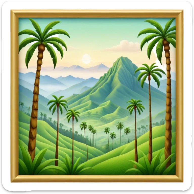 Cinematic Realistic Cocora Valley Landmark Emoji, featuring towering wax palm trees swaying in the misty green valley, with rolling hills and distant mountain peaks bathed in warm morning light. sticker