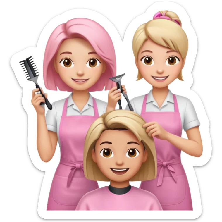 happy woman in pink apron getting a haircut from smiling female hairstylist sticker
