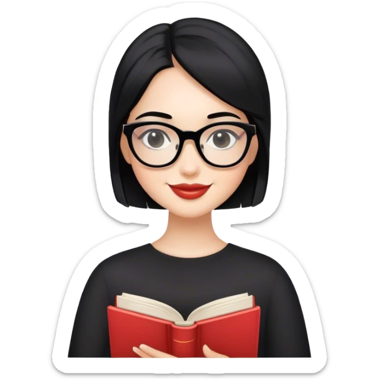 A girl with black hair and black glasses, elegant style, she smile and have a book in hands with the title: SelfLove sticker