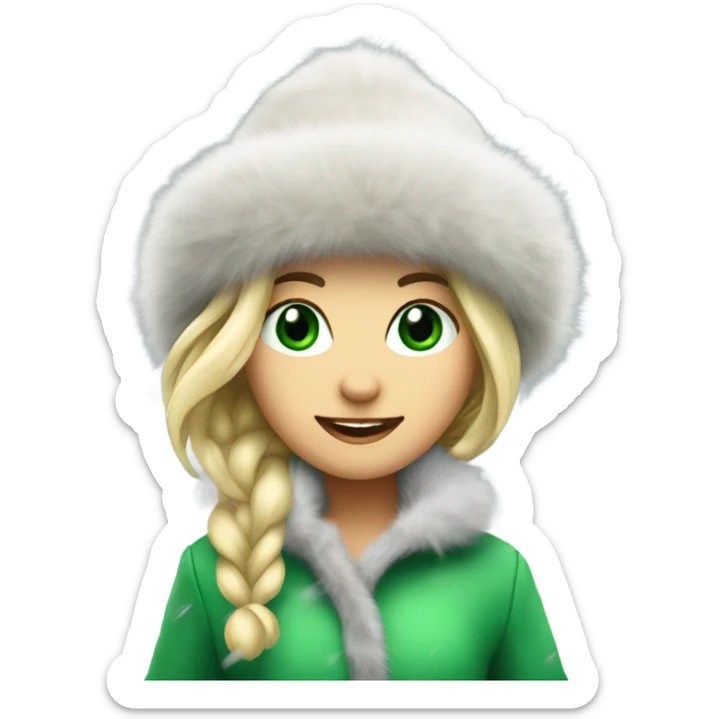 blonde girl with green eyes in a fur hat dancing in the snow full body sticker