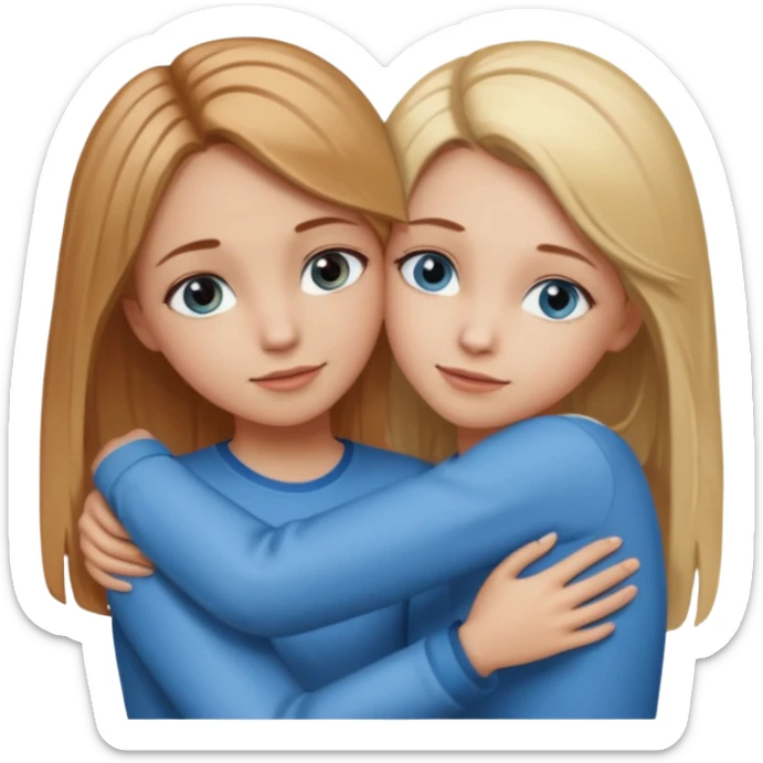 Two girls are hugging. One has dirty blonde hair with a little reddish in it. She has also grey eyes. Her hair is long and straight. The other girl is blonde and has really bright blue eyes sticker