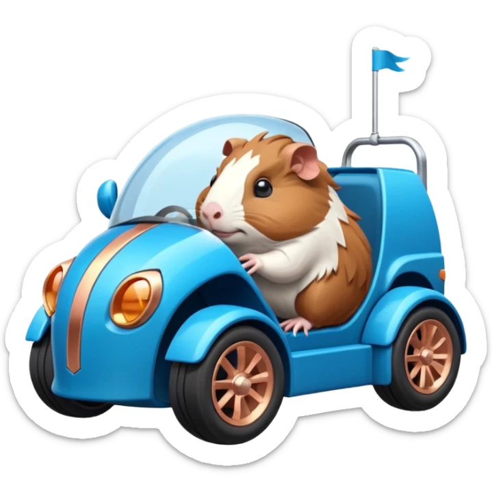 dark crystal blue and rosegold-accented cyber truck style-faceted-body electric racing car driven by a small cute but relaxed Guinea pig with rear spoiler, roll bar, and wheely bar sticker