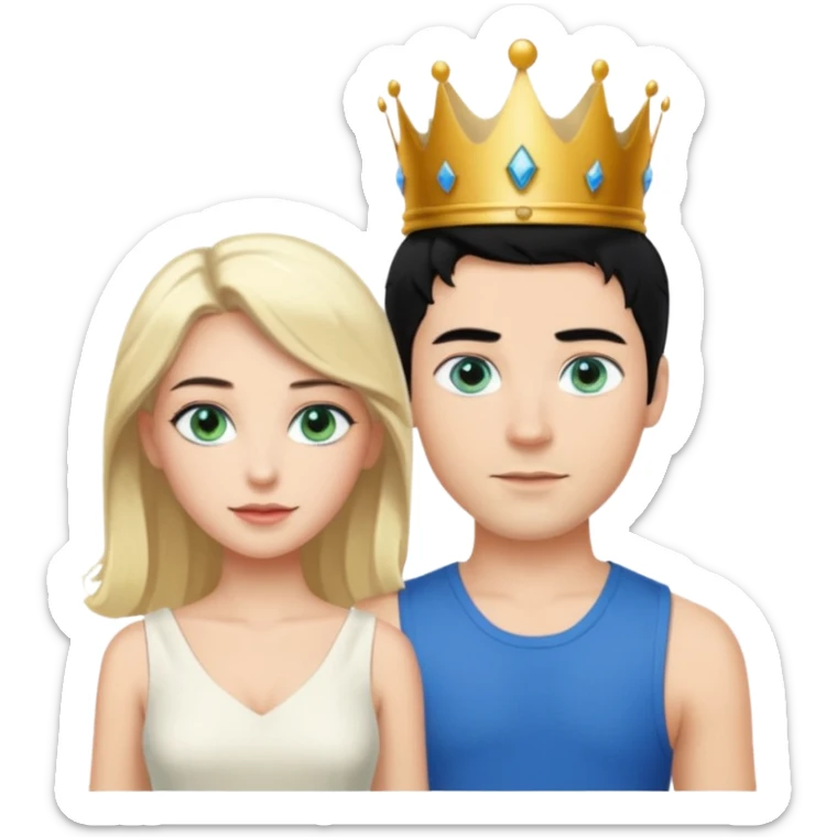 Prince with crown, black hair, body, legst, blue eyes, woman blonde hair, green eyes, sexy white short sleveless dress,  sticker