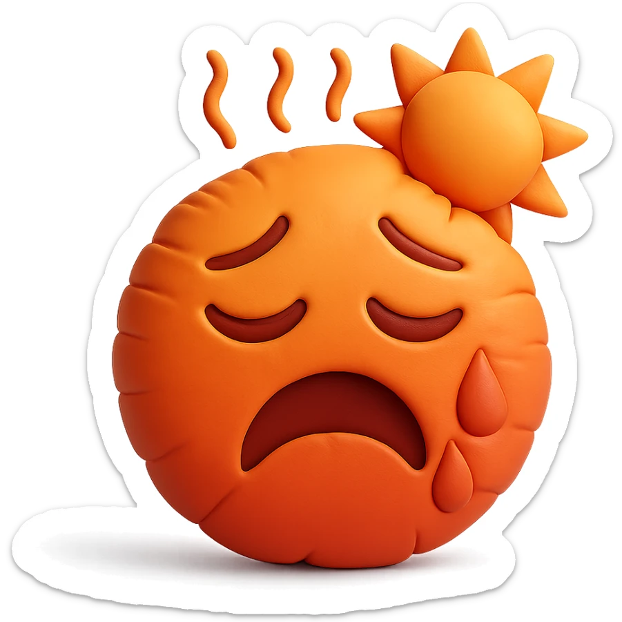 hot emoji with sun and heat waves, red and orange tones, soft plush cushion style sticker