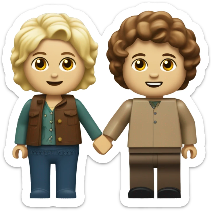 a fat blonde girl and a skinny brown-haired boy as lego people holding hands sticker