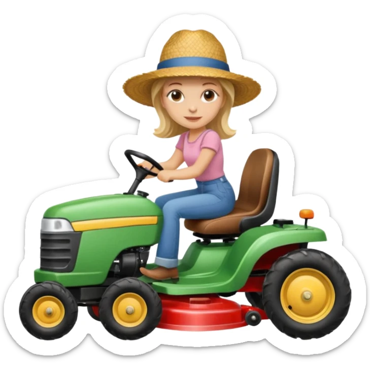 White woman without glasses wearing a straw hat, on old Westwood ride on lawn mower.  sticker