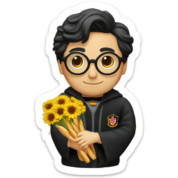 Harry potter avec les cheveux noir ondulés noir des lunettes ronde une cicatrice une baguette magique et un pot de fleur  sticker